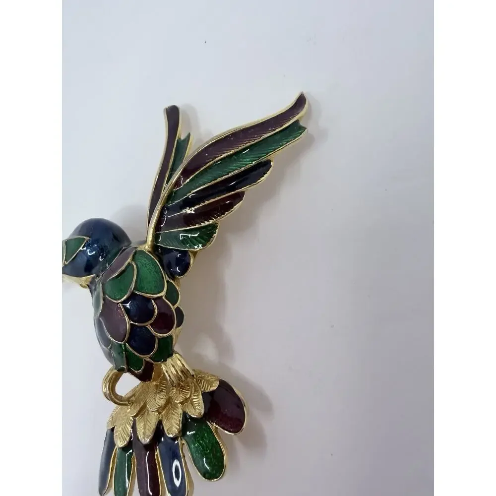 Vintage Hummingbird Statement Brooch Pin Gold Green Blue Rhinestone Cottage Core